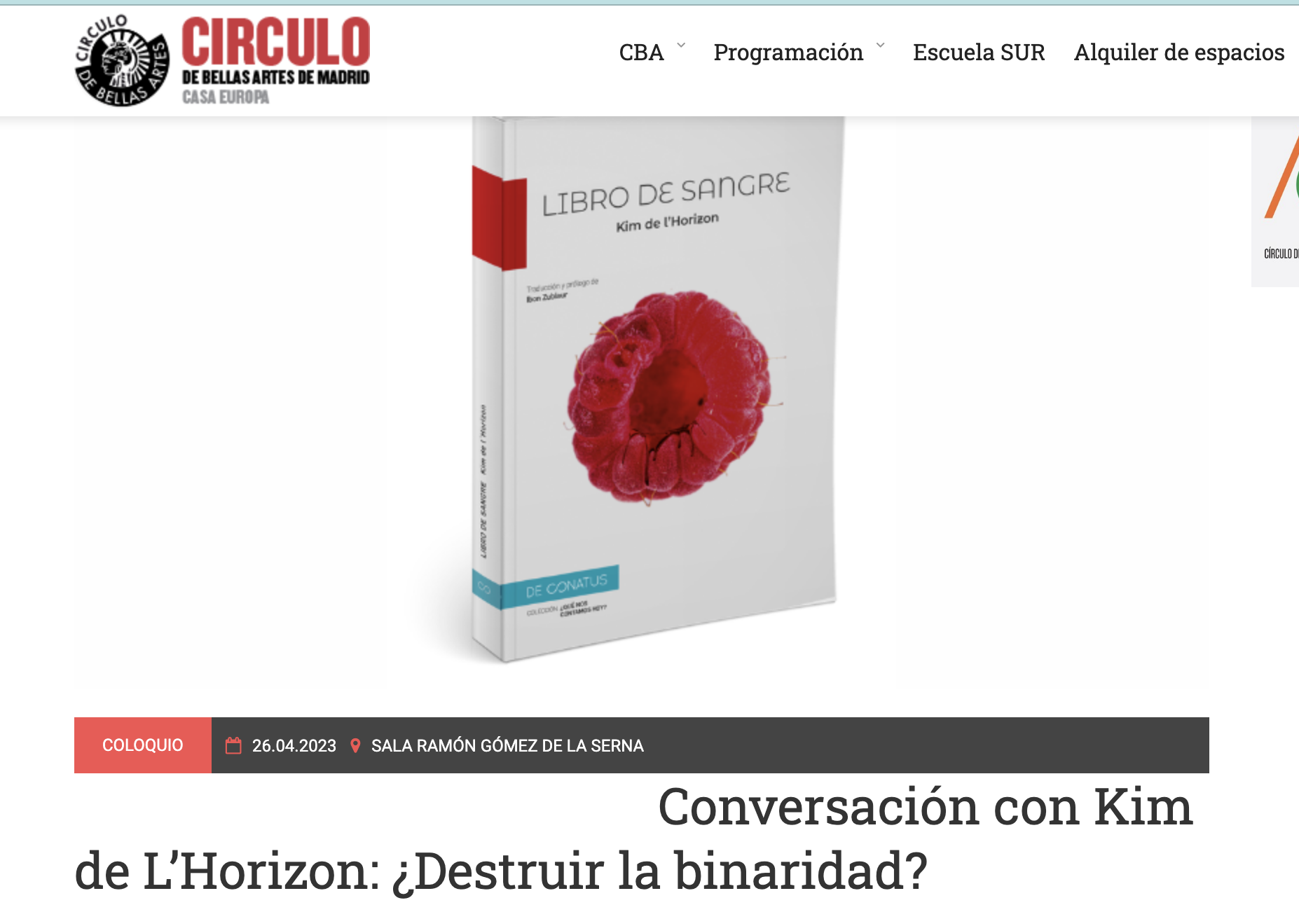 Presentación de "Libro de Sangre" Conversación del autor,  Kim de L’Horizon y Elisabeth Duval : ¿Destruir la binaridad?
